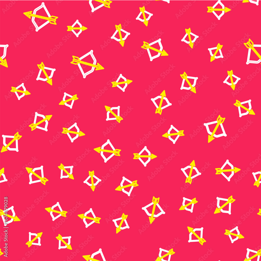 Poster line medieval bow and arrow icon isolated seamless pattern on red background. medieval weapon. vecto