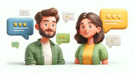 Happy man and woman with review bubbles for customer satisfaction 