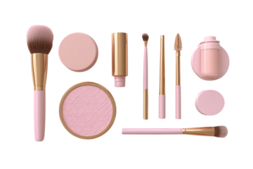 3d render of a flat lay with a pastel pink makeup brush set on an isolated on a transparent background in PNG format.