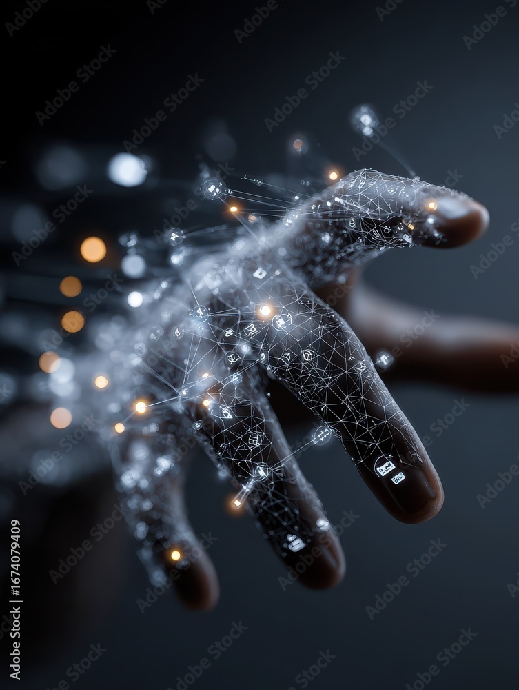 Aufkleber hand interacting with an ai concept map highlighting interconnected data and applications