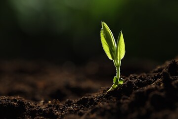 Young plant with green leaves growing from soil outdoors, closeup. Space for text