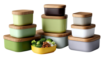 Modern Food Storage Containers: A vibrant ensemble of contemporary food storage containers, with minimalist wooden lids and diverse color palettes, neatly stacked.