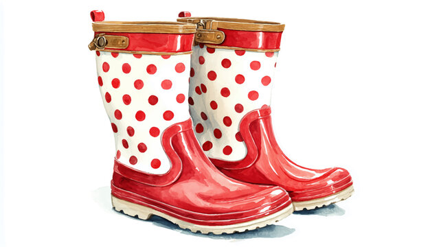 Vector illustration, watercolor clip art of red rubber boots with polka dots on a white background