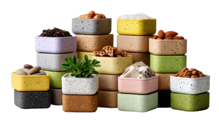 Stacks of Goodies: Artistically stacked bowls filled with a colorful array of snacks, treats, and decorative items against a clean backdrop, creating a vibrant and appetizing still life.