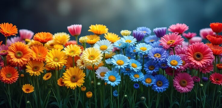 Vibrant rainbow of gerbera daisies in full bloom