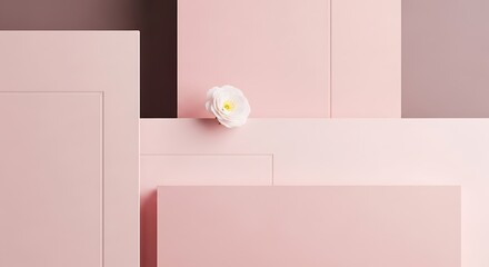 Minimalist pink geometric background with a single delicate white flower