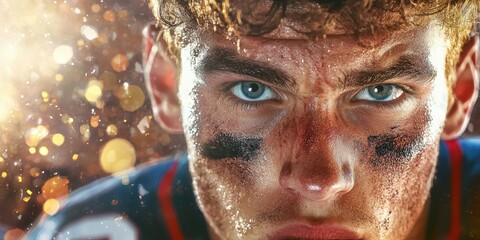 A close-up of an intense young athlete with dirt on his face, showcasing determination and focus, set against a blurred, sparkling background.