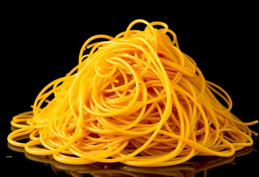A tangled mass of cooked spaghetti, golden yellow against a dark background,  spaghetti texture,  ingredient