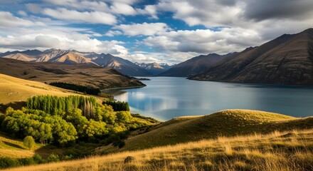 A stunning landscape view of a serene lake surrounded by rolling hills and majestic mountains under a cloudy sky