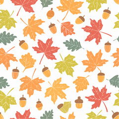Obraz premium Autumnal leaf and acorn pattern, colorful foliage, seamless design, fall background.