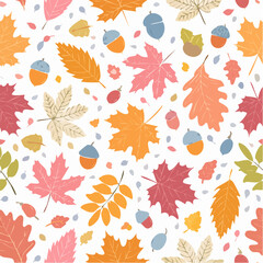 Autumnal leaf and acorn pattern, colorful fall foliage design.