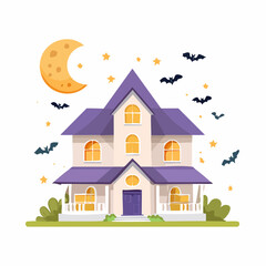 Fototapeta premium Haunted Victorian house at night, bats flying, crescent moon.