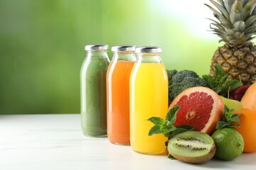 Tasty juices in glass bottles, fresh ingredients and mint on white marble table against blurred green background, closeup
