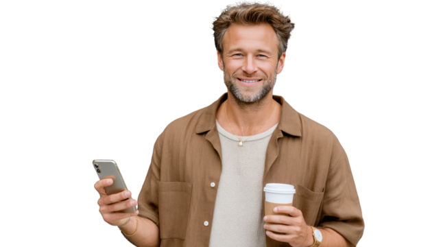 The Modern Professional: A cheerful man, holding a phone in one hand and a coffee cup in another, exudes relaxed confidence. The portrait conveys an image of lifestyle.