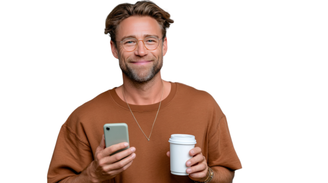 Modern Man Moments: A man in glasses, clutching a smartphone and a coffee cup, wears an approachable expression, his casual attire adds a relaxed touch, his gaze suggesting a moment of contemplation. - Powered by Adobe