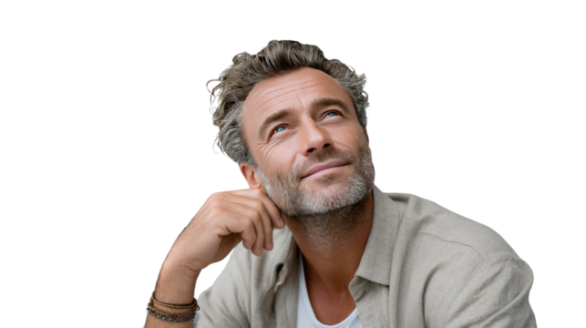 Daydreamer's Reflection: A contemplative middle-aged man gazes upwards with a serene expression, lost in thought.