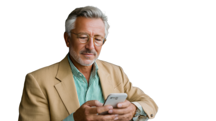 Mature Man Engaged with Phone: A distinguished older gentleman, wearing glasses, is engrossed in his smartphone, presenting a picture of modern communication.