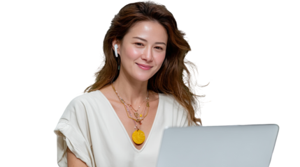 Woman Working with Laptop and Earbuds: A sophisticated woman is immersed in her work, sporting earbuds, focusing intently on her laptop, embodying productivity and tech-savvy elegance.