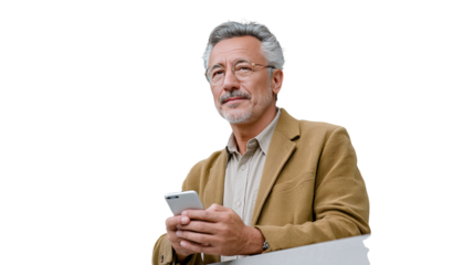 Thoughtful Executive with Phone: A composed, silver-haired executive, clad in a tasteful jacket and spectacles, gazes thoughtfully into the distance while gripping a smartphone.