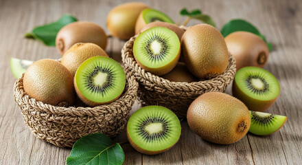 Fresh Kiwi Fruit Displayed in Woven Baskets on Rustic Wooden Sur