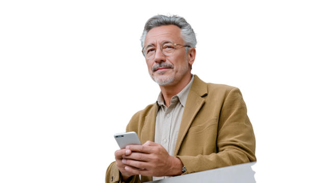 Thoughtful Executive with Phone: A composed, silver-haired executive, clad in a tasteful jacket and spectacles, gazes thoughtfully into the distance while gripping a smartphone.