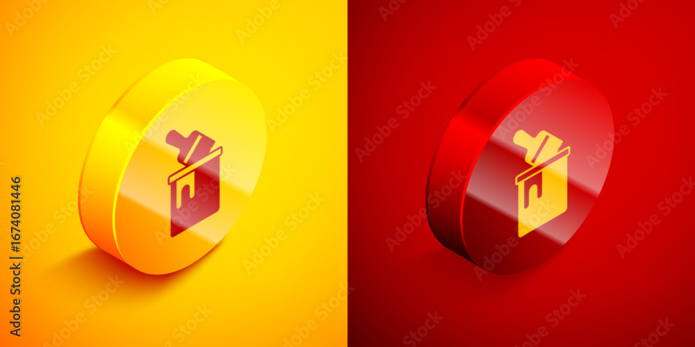 Poster isometric paint bucket with brush icon isolated on orange and red background. circle button. vector