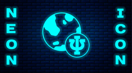 Glowing neon Psychology icon isolated on brick wall background. Psi symbol. Mental health concept, psychoanalysis analysis and psychotherapy. Vector