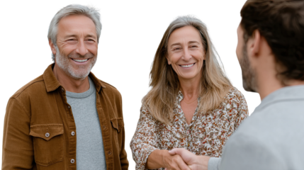 Agreement in Action: Two mature adults smile warmly as they shake hands, sealed in a moment of mutual respect, trust, and understanding. capturing the value of connection and cooperation.