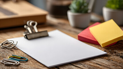 Clipboard with paper clips and sticky notes on wooden desk 