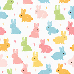 Obraz premium A charming and whimsical seamless pattern featuring a delightful array of pastel-colored cartoon bunnies scattered across a white background adorned with small, scattered hearts.