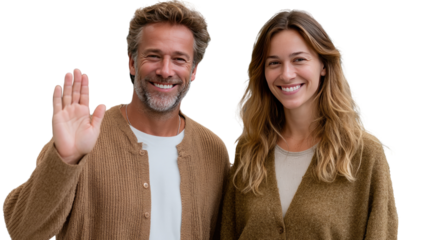 Friendly Greeting: A welcoming couple, radiating warmth and approachability, offers a friendly greeting, their smiles reflecting genuine happiness.