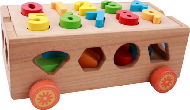 Wooden toy with numbers and shapes on transparent background