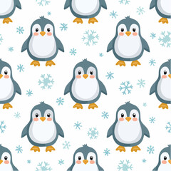 Fototapeta premium Cute cartoon penguins and snowflakes create a repeating pattern on a white background.