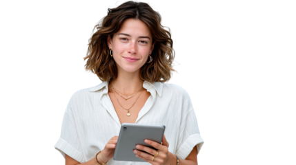 Smiling Woman with Tablet: Captivating close-up of a radiant young woman, her warm smile mirroring the glow of the tablet she holds, conveying a sense of modern connection and digital literacy.