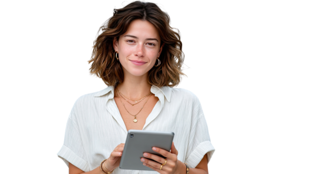 Smiling Woman with Tablet: Captivating close-up of a radiant young woman, her warm smile mirroring the glow of the tablet she holds, conveying a sense of modern connection and digital literacy.