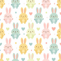 Fototapeta premium Adorable pastel bunnies and hearts seamless pattern.