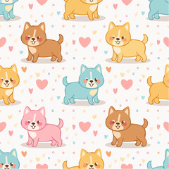 Adorable cartoon puppies in various colors, hearts, seamless pattern background.