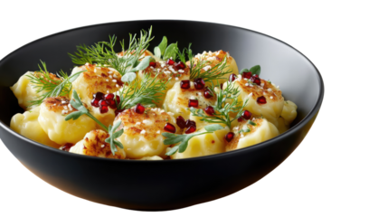 Gourmet Pierogi in Bowl: A close-up shot of delicious pierogi, meticulously arranged and garnished in a sleek, black bowl, ready to tantalize the taste buds.