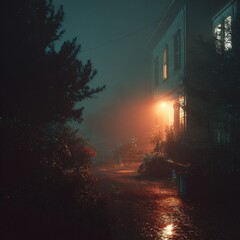 A dark, rainy night with a house in the background