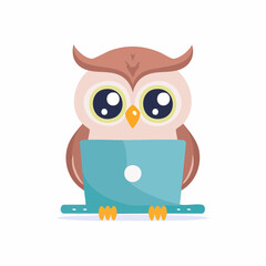 A cute cartoon owl with big eyes sitting and working on a blue laptop computer.