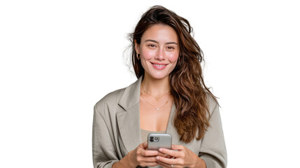 Fototapeta premium Smiling businesswoman: A confident woman with a warm smile gazes at the viewer, holding a smart phone, embodying professionalism and approachability.