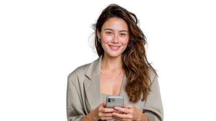 Smiling businesswoman: A confident woman with a warm smile gazes at the viewer, holding a smart phone, embodying professionalism and approachability.