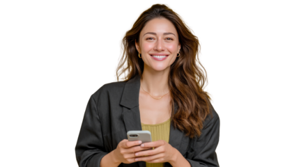 Cheerful Professional Using Mobile Phone: A confident and approachable young woman, dressed in business attire, holds a mobile phone while beaming with a genuine smile.