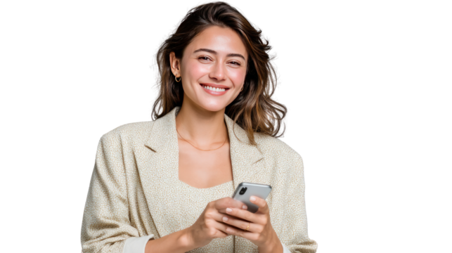 Confident Communication: A stylish woman, with a warm smile, engrossed in her mobile device. conveying professional connectivity and personal connection