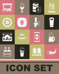 Set Dried fish, Wooden beer mug, Bottle opener, Metal keg, Hop, cap with, Street signboard Pub and Beer tap icon. Vector