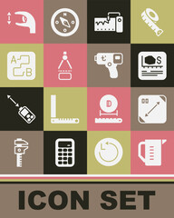 Set Measuring cup, Diagonal measuring, Area measurement, instrument, Drawing compass, Route location, Approximate measurements and Digital thermometer icon. Vector