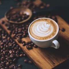 Creamy Coffee Cup with Latte Art and Roasted Coffee Beans Surrounding
