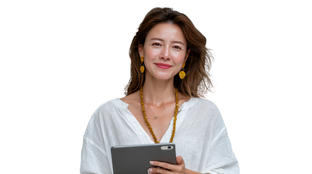 Modern Woman with Tablet: Captivating portrait of a contemporary woman, radiating confidence and grace as she engages with her digital tablet, embodying the spirit of modernity.