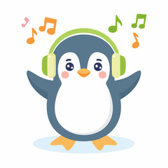 Obraz premium Cute cartoon penguin wearing green headphones with colorful music notes floating around.