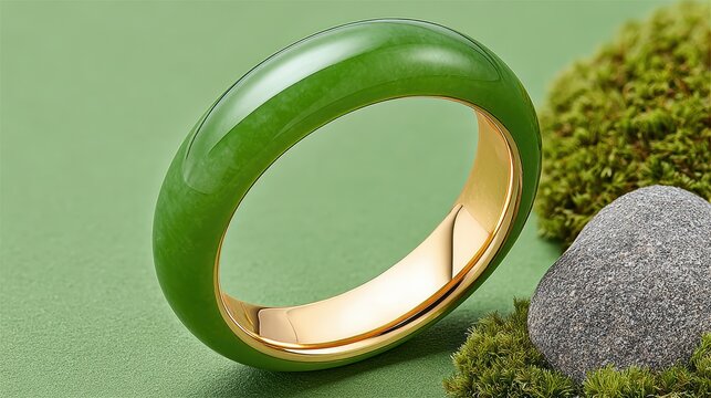 Elegant Jade Ring with Golden Interior and Textured Natural Elements on Soft Green Background